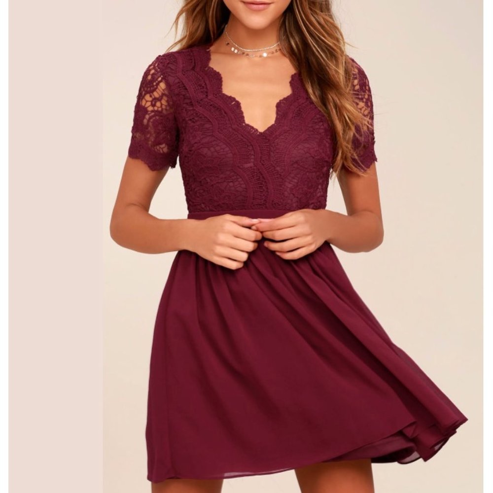NWT Lulu's Angel in Disguise Burgundy Lace Skater Dress (size S)